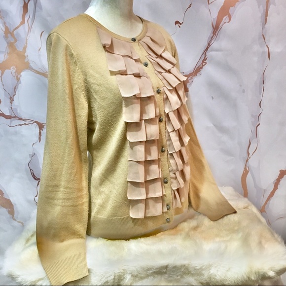 💎 New York & Company chiffon ruffle tan cardigan - Picture 2 of 8